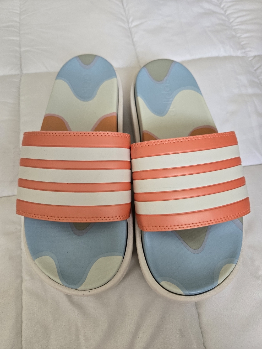 adidas Coral and Light Blue Pattern Slide Sandals